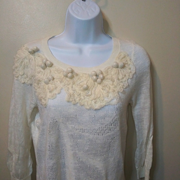 Anthropologie Floreat Ivory Cottagecore Style Crocheted Linen Blend Sweater - Picture 2 of 10